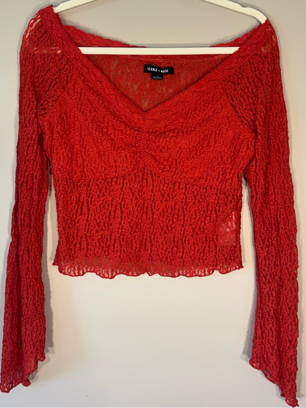 Silence + Noise Red Long-Sleeve Sheer Lace Top